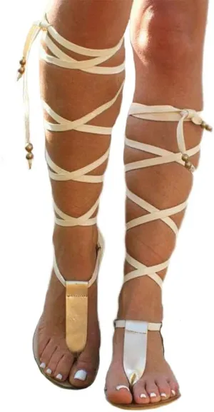 Flat Knee High Gladiator Sandals for Women Dressy Summer Strappy Lace Up Thong Flip Flops Rome Bohemia Sexy Bandage Sandals