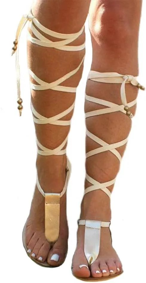 Flat Knee High Gladiator Sandals for Women Dressy Summer Strappy Lace Up Thong Flip Flops Rome Bohemia Sexy Bandage Sandals