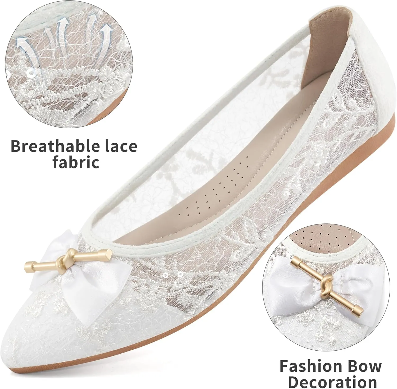 Flats for Women Ballets Shoes: Comfortable Pointed Toe Bowknot Lace Womens Flats Dressy - Fashion Floral Slip On Casual Shoes for Wedding Party Dating