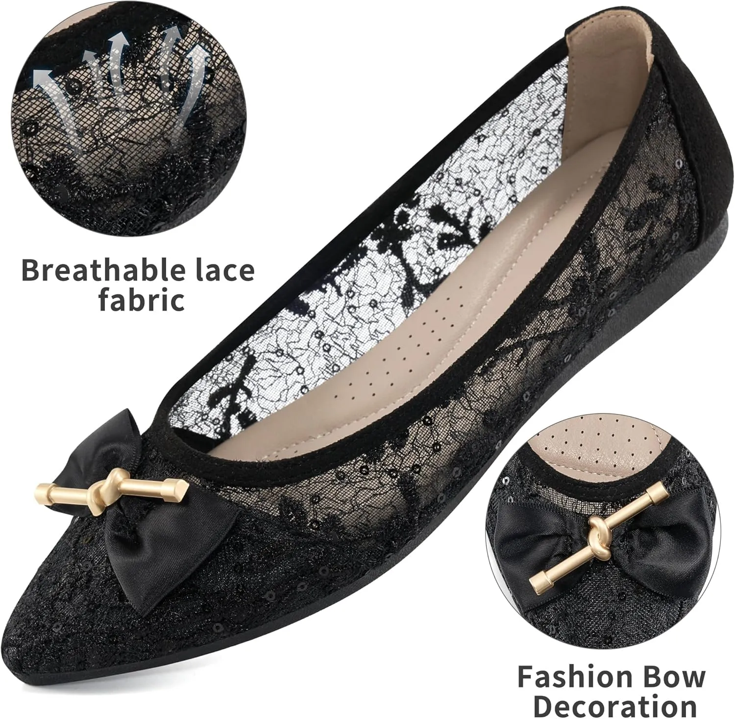 Flats for Women Ballets Shoes: Comfortable Pointed Toe Bowknot Lace Womens Flats Dressy - Fashion Floral Slip On Casual Shoes for Wedding Party Dating