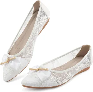 Flats for Women Ballets Shoes: Comfortable Pointed Toe Bowknot Lace Womens Flats Dressy - Fashion Floral Slip On Casual Shoes for Wedding Party Dating