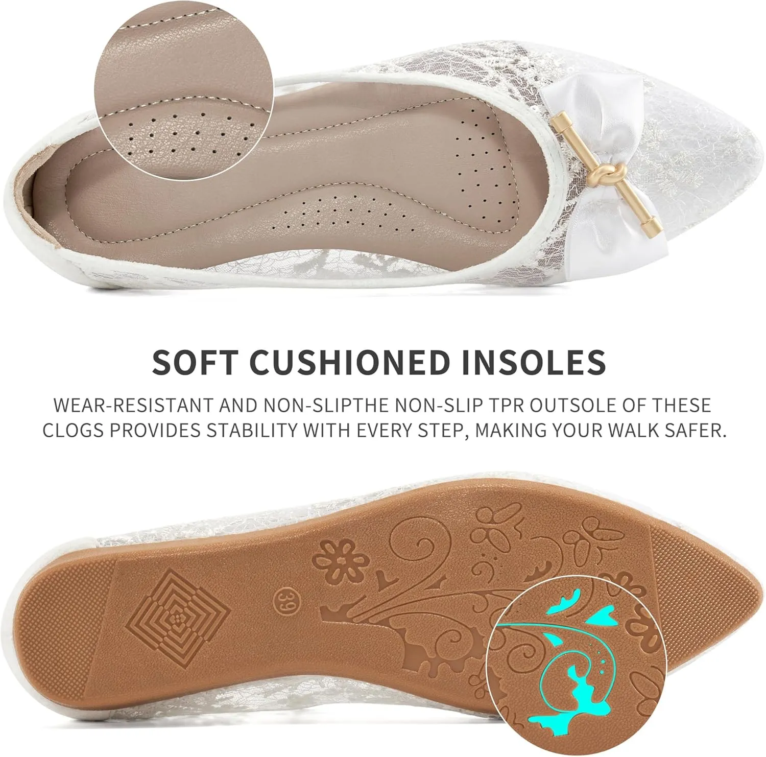 Flats for Women Ballets Shoes: Comfortable Pointed Toe Bowknot Lace Womens Flats Dressy - Fashion Floral Slip On Casual Shoes for Wedding Party Dating