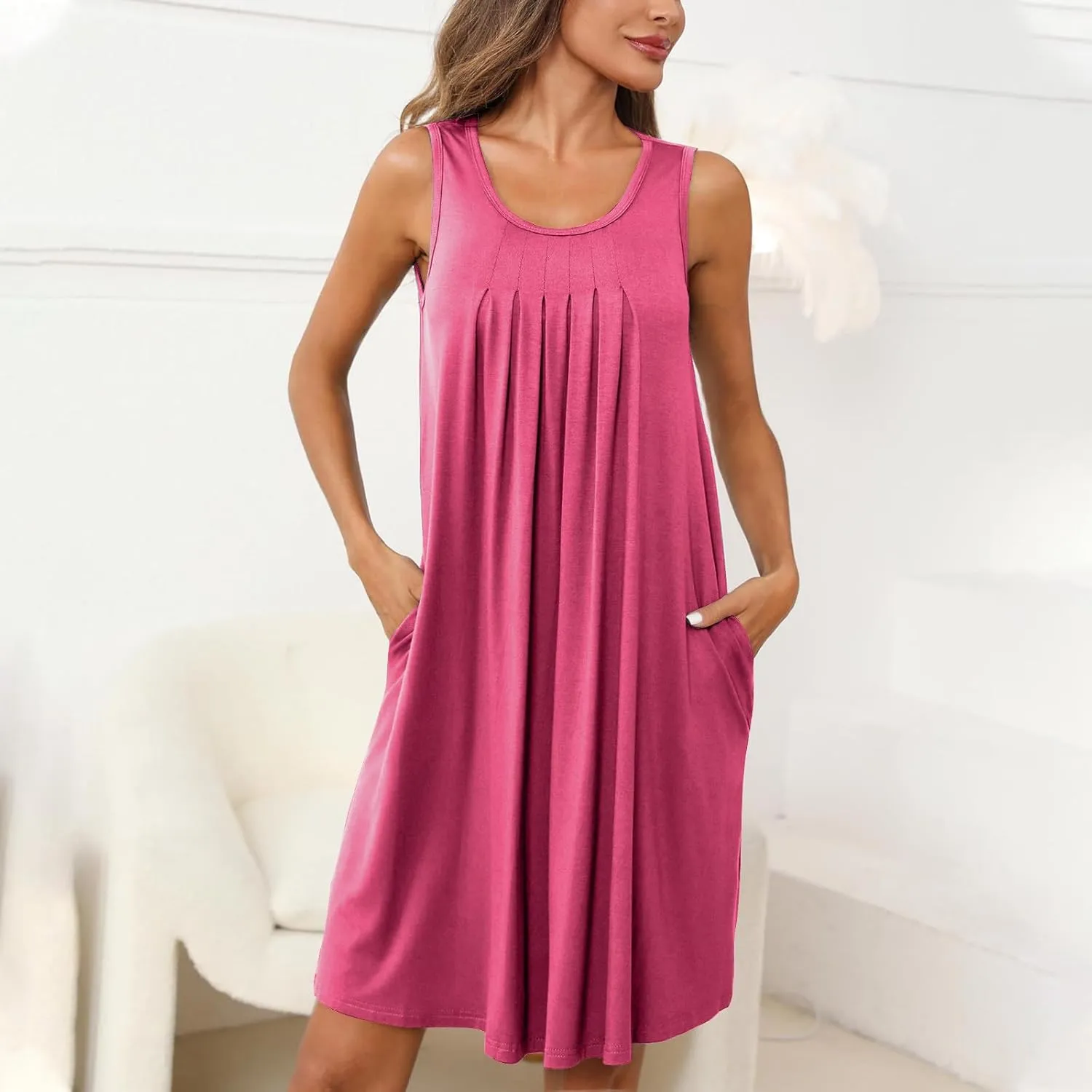 Flowy Dresses for Women Sleeveless Ruched Front T-Shirts Dress Halter Solid Casual Short Tank Sundress with Pockets