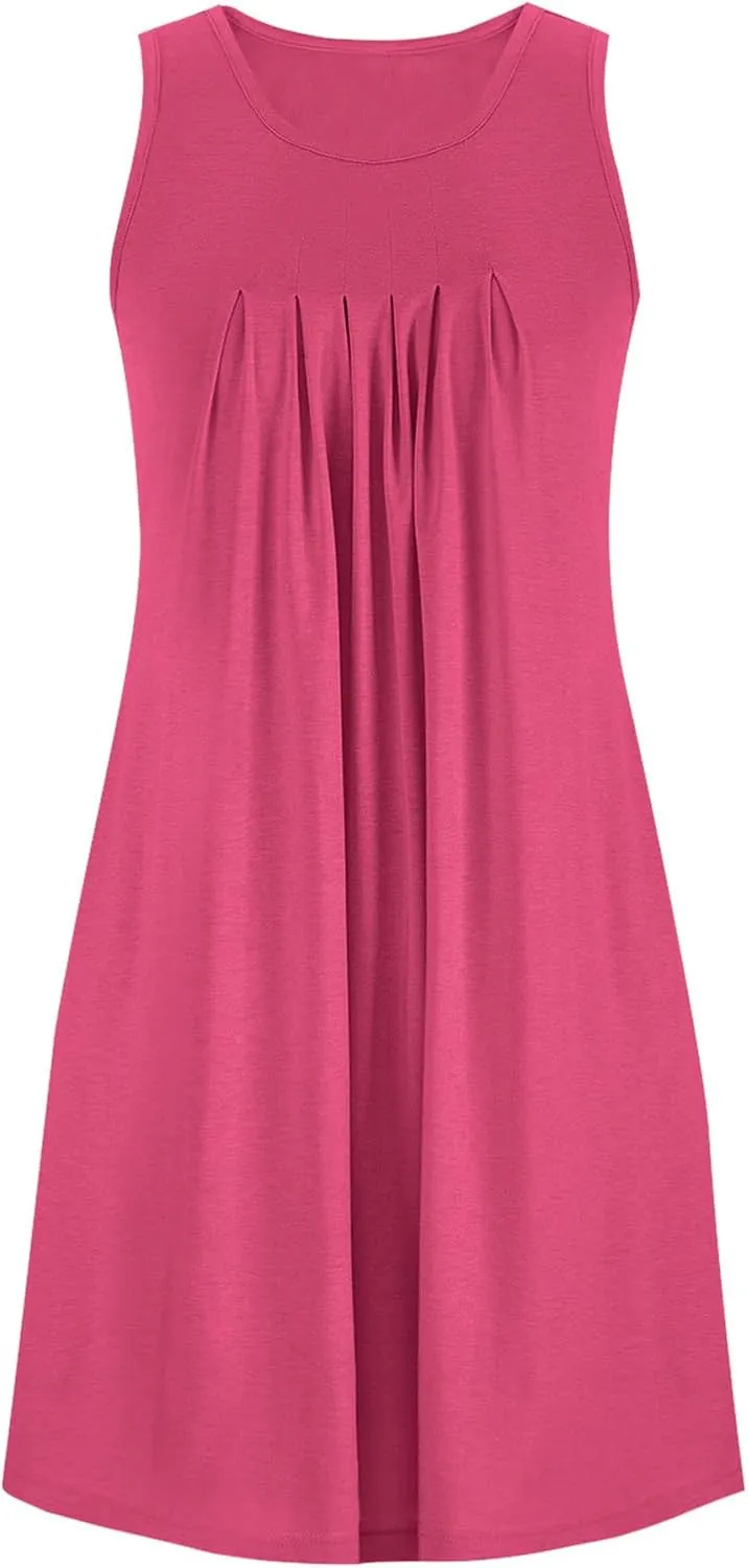 Flowy Dresses for Women Sleeveless Ruched Front T-Shirts Dress Halter Solid Casual Short Tank Sundress with Pockets