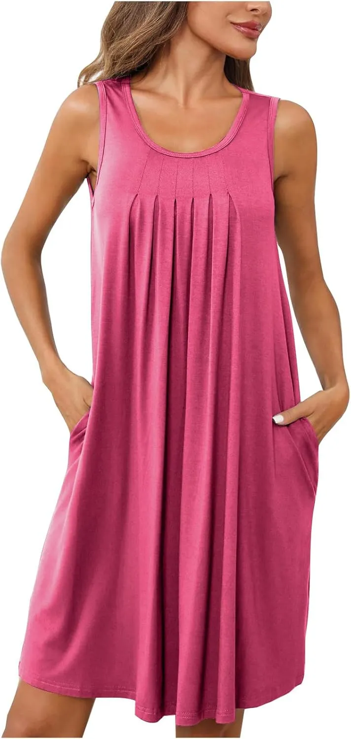 Flowy Dresses for Women Sleeveless Ruched Front T-Shirts Dress Halter Solid Casual Short Tank Sundress with Pockets