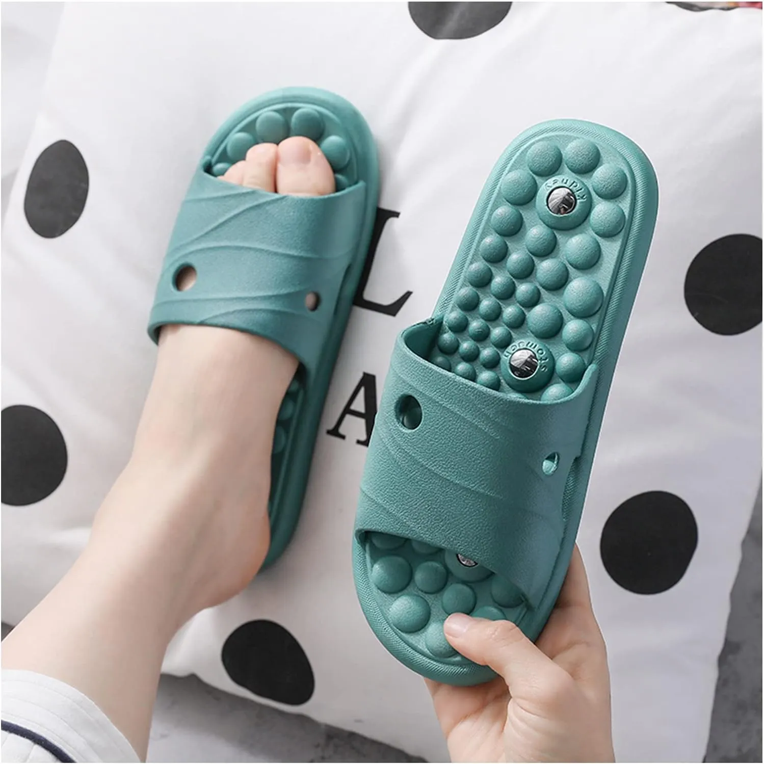 Foot Massagers Therapeutic Slippers for Women Reflexology Acupressure Magnet Massage Slippers,Shoes Women and Men Sandals Beach PVC Non-Slip (Color : Green, Size : EUR 37-38)