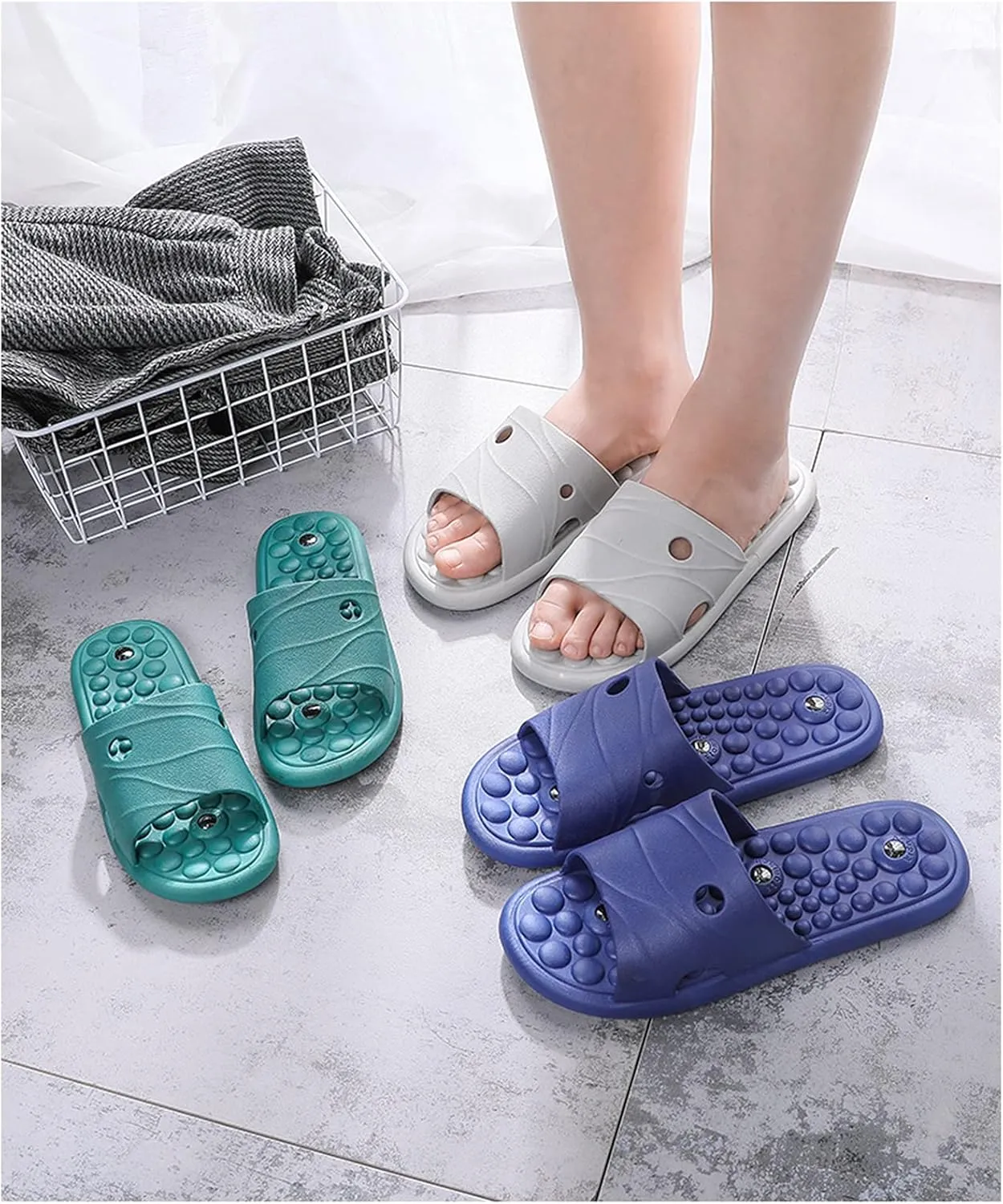 Foot Massagers Therapeutic Slippers for Women Reflexology Acupressure Magnet Massage Slippers,Shoes Women and Men Sandals Beach PVC Non-Slip (Color : Green, Size : EUR 37-38)
