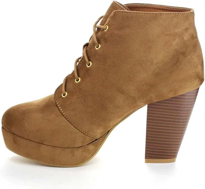 Forever Camille-86 Women's Comfort Stacked Chunky Heel Lace Up Ankle Booties