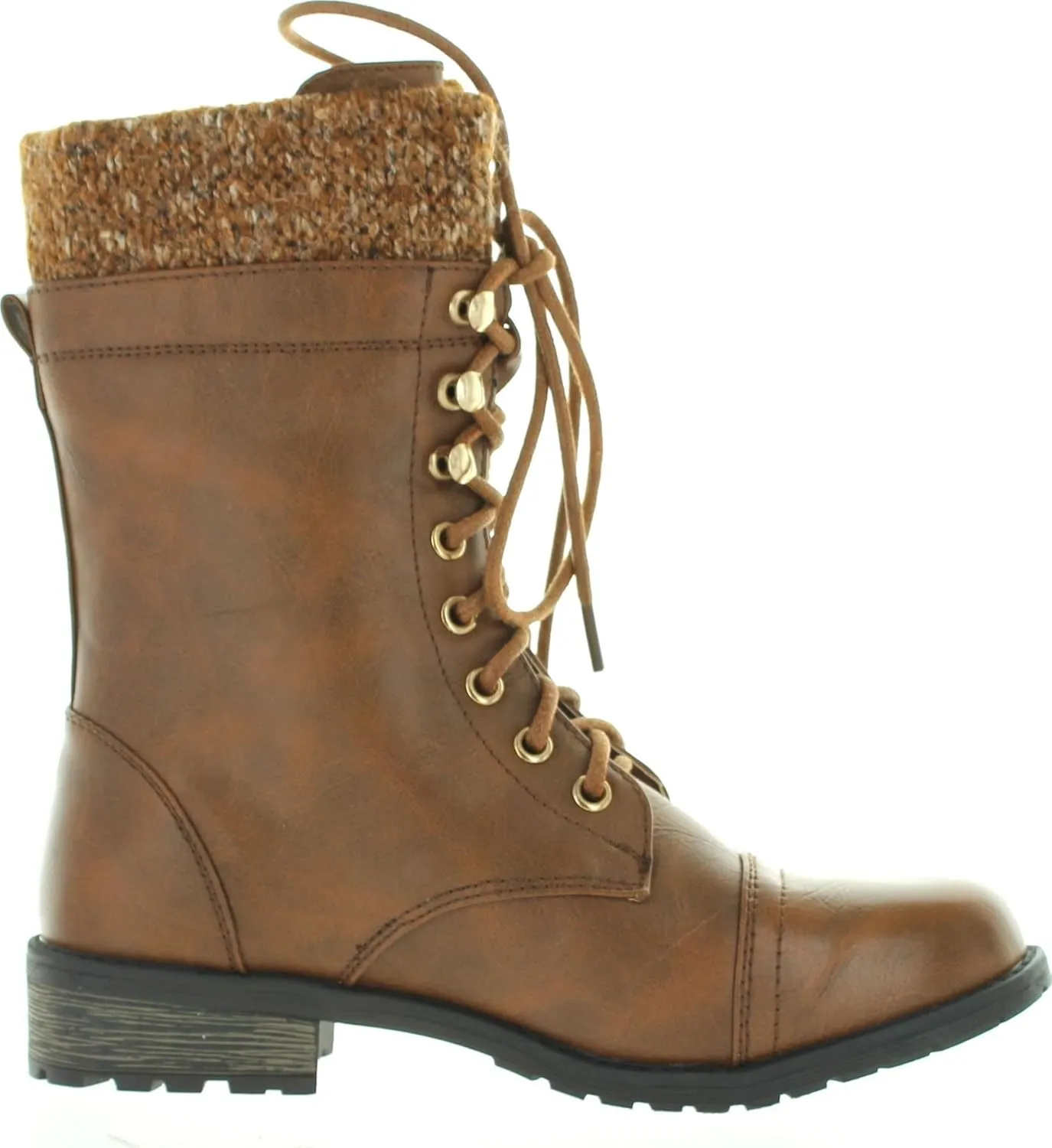 Forever Link Womens Mango-31 Round Toe Military Lace Up Knit Ankle Cuff Low Heel Combat Boots