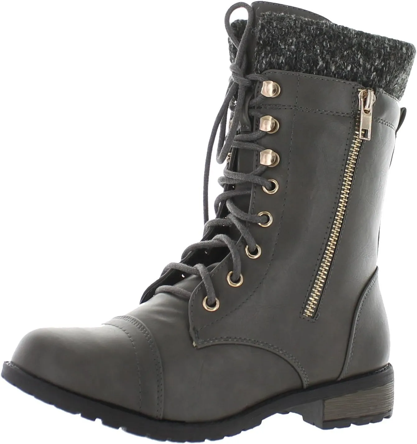 Forever Link Womens Mango-31 Round Toe Military Lace Up Knit Ankle Cuff Low Heel Combat Boots
