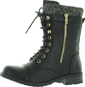 Forever Link Womens Mango-31 Round Toe Military Lace Up Knit Ankle Cuff Low Heel Combat Boots