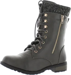 Forever Link Womens Mango-31 Round Toe Military Lace Up Knit Ankle Cuff Low Heel Combat Boots