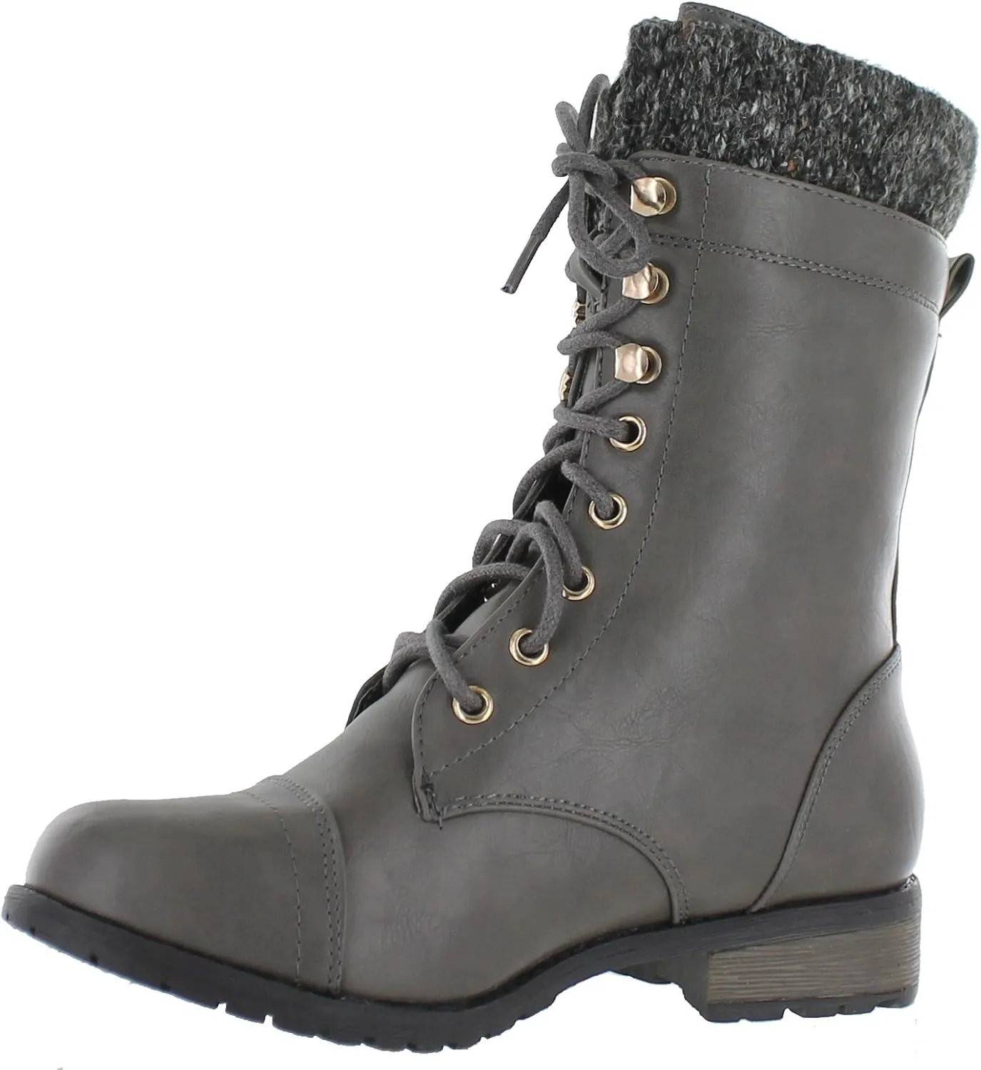 Forever Link Womens Mango-31 Round Toe Military Lace Up Knit Ankle Cuff Low Heel Combat Boots
