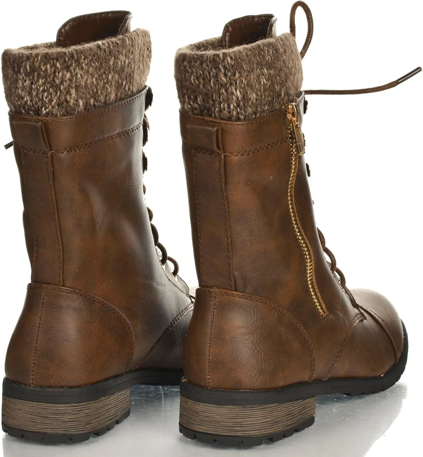 Forever Link Womens Mango-31 Round Toe Military Lace Up Knit Ankle Cuff Low Heel Combat Boots