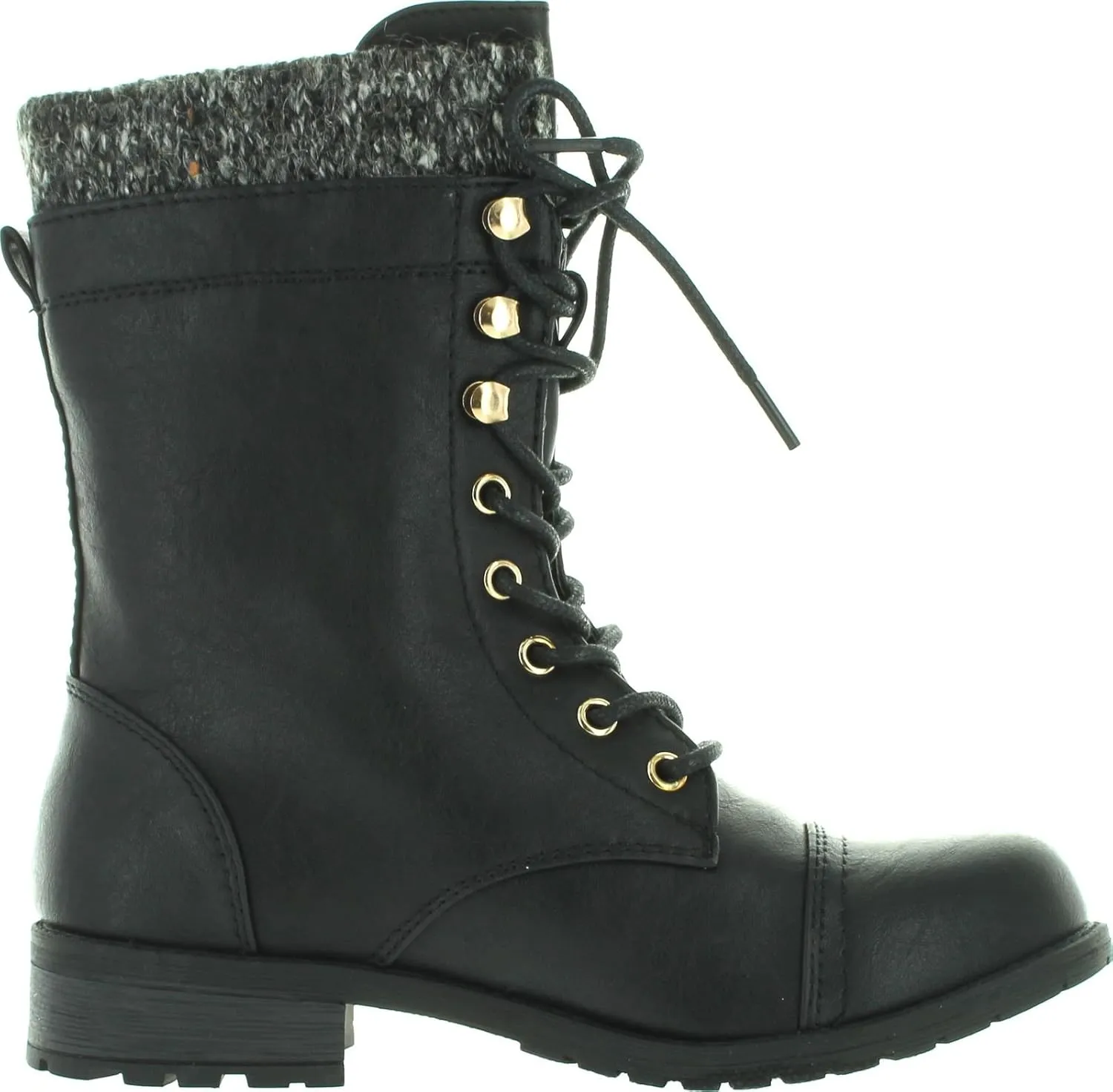 Forever Link Womens Mango-31 Round Toe Military Lace Up Knit Ankle Cuff Low Heel Combat Boots
