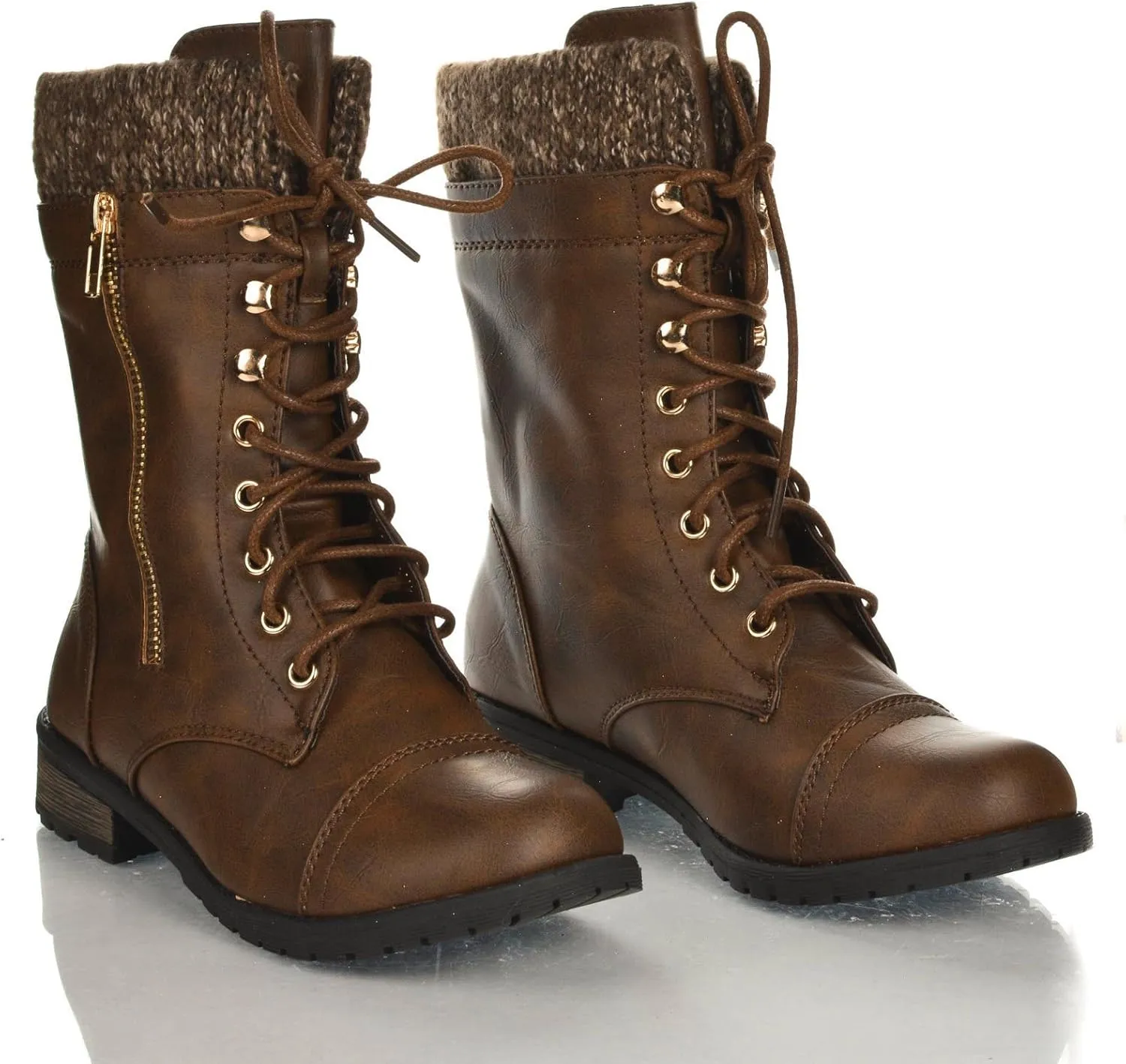 Forever Link Womens Mango-31 Round Toe Military Lace Up Knit Ankle Cuff Low Heel Combat Boots