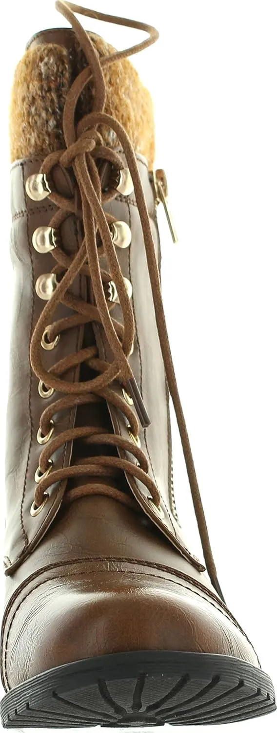 Forever Link Womens Mango-31 Round Toe Military Lace Up Knit Ankle Cuff Low Heel Combat Boots