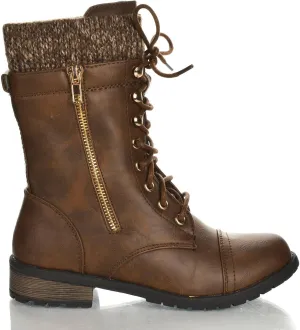 Forever Link Womens Mango-31 Round Toe Military Lace Up Knit Ankle Cuff Low Heel Combat Boots