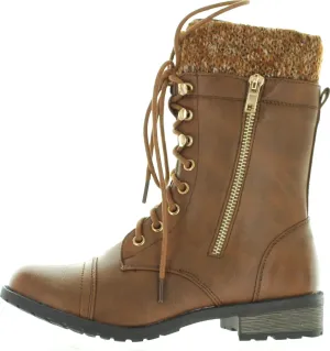 Forever Link Womens Mango-31 Round Toe Military Lace Up Knit Ankle Cuff Low Heel Combat Boots