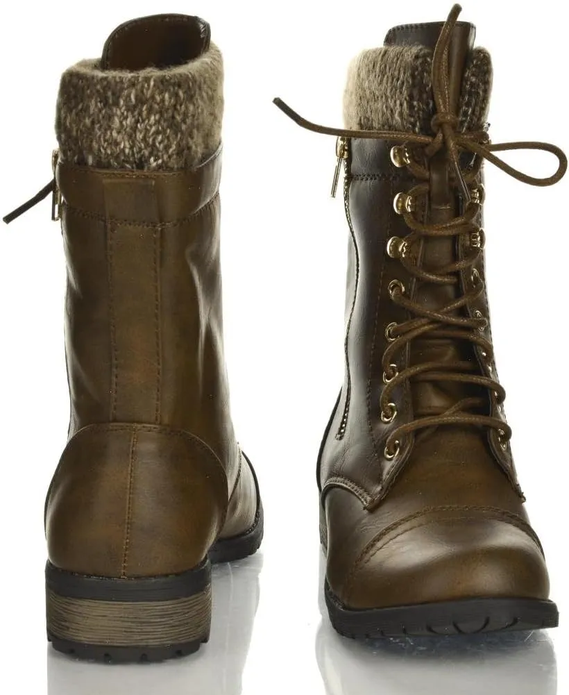 Forever Link Womens Mango-31 Round Toe Military Lace Up Knit Ankle Cuff Low Heel Combat Boots