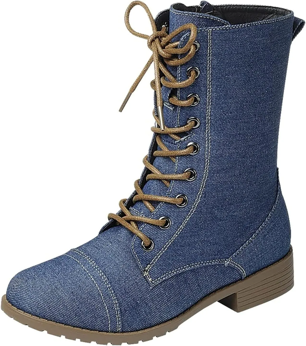 Forever Link Womens Round Toe Military Lace up Knit Ankle Cuff Low Heel Combat Boots