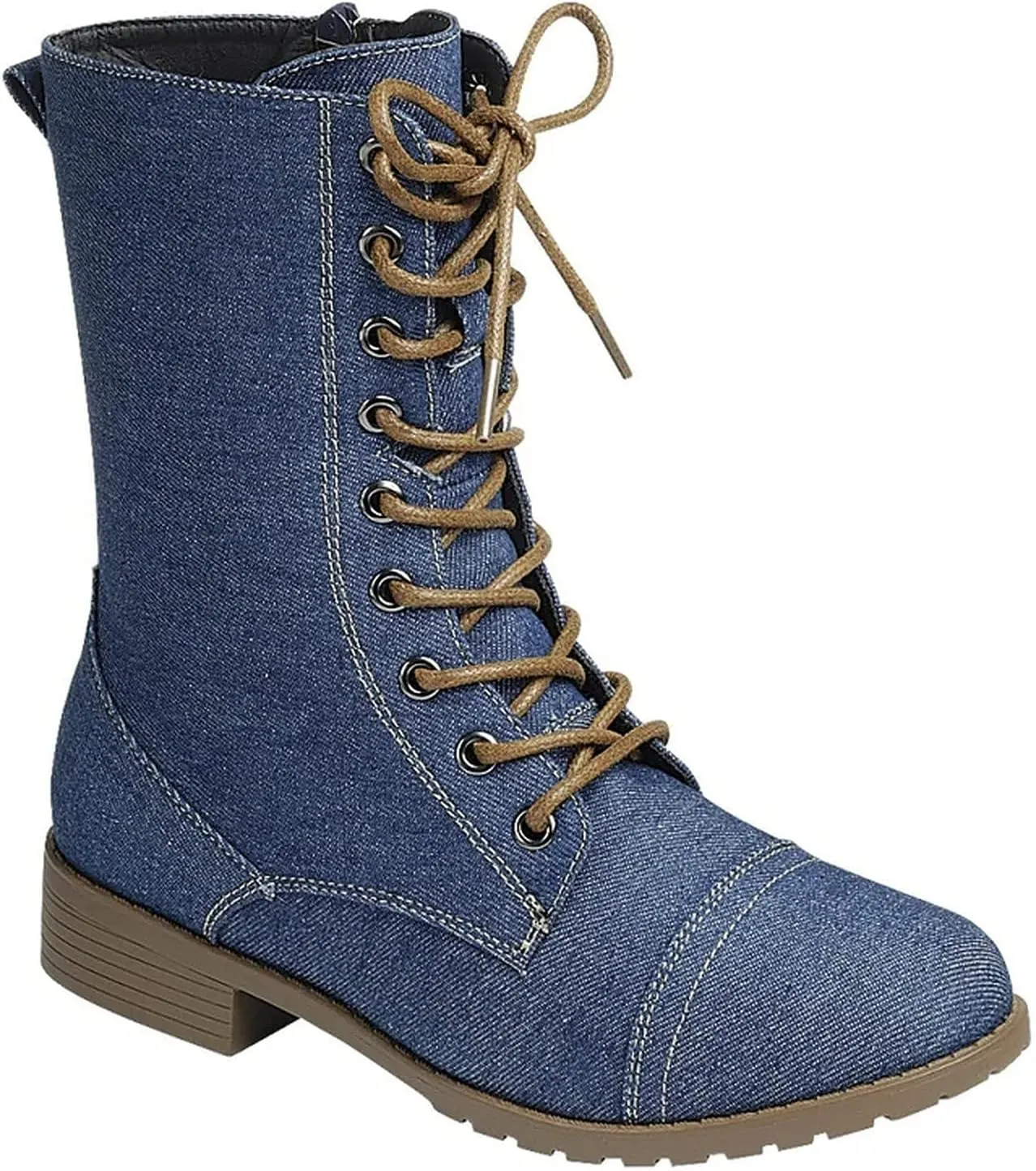 Forever Link Womens Round Toe Military Lace up Knit Ankle Cuff Low Heel Combat Boots
