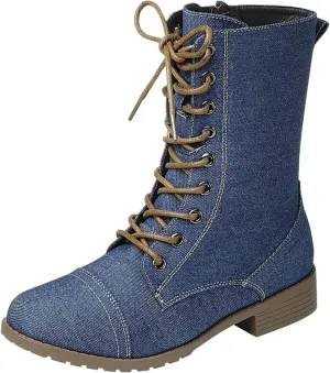 Forever Link Womens Round Toe Military Lace up Knit Ankle Cuff Low Heel Combat Boots