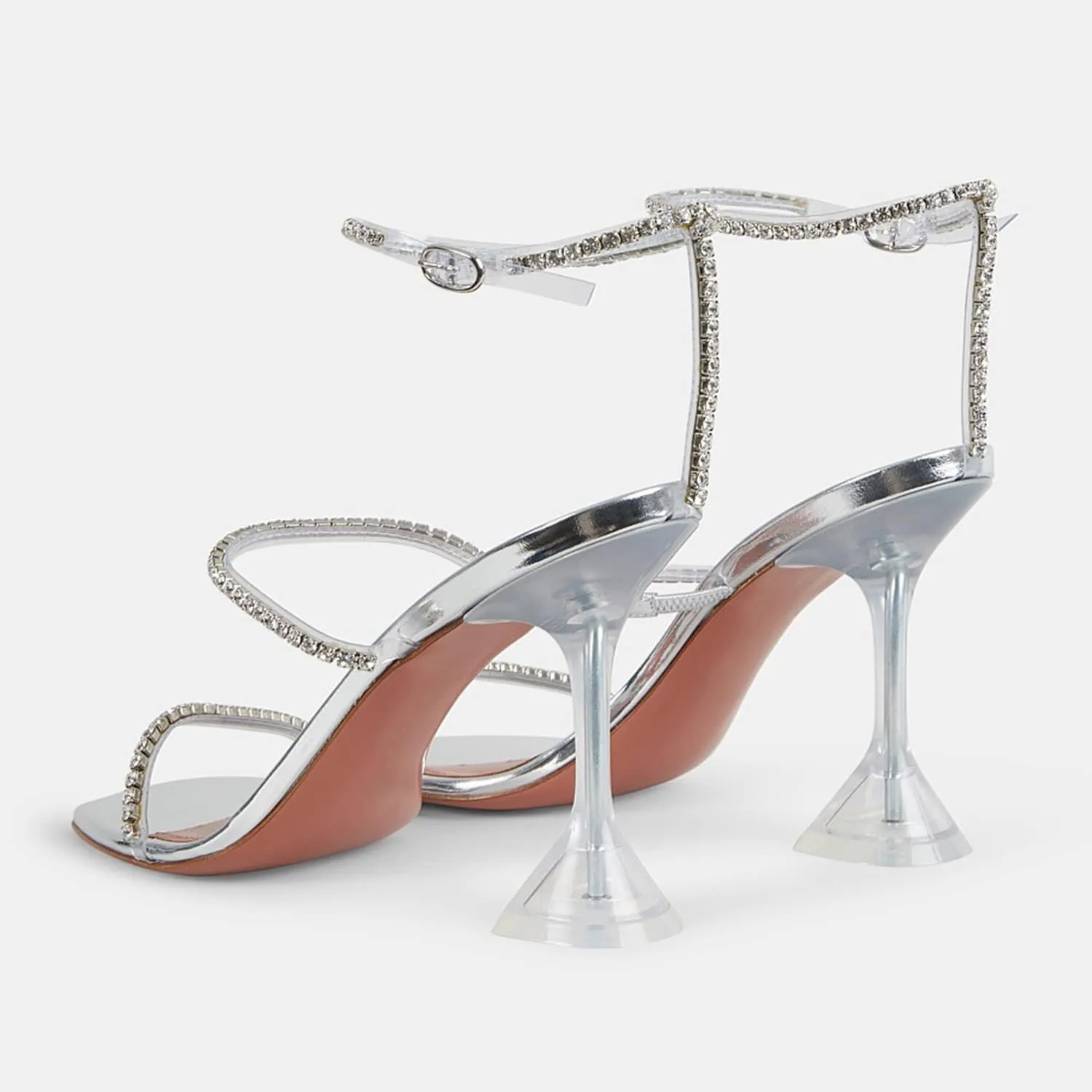 FOWT Fashion Leather Classic Square Toe Crystal Ankle Strap Flared High Heels Elegant Narrow Band Heeled Sandals Adorable 4 inches Red Pumps for Woman Dress Office Shoes, US Size 5-10 M