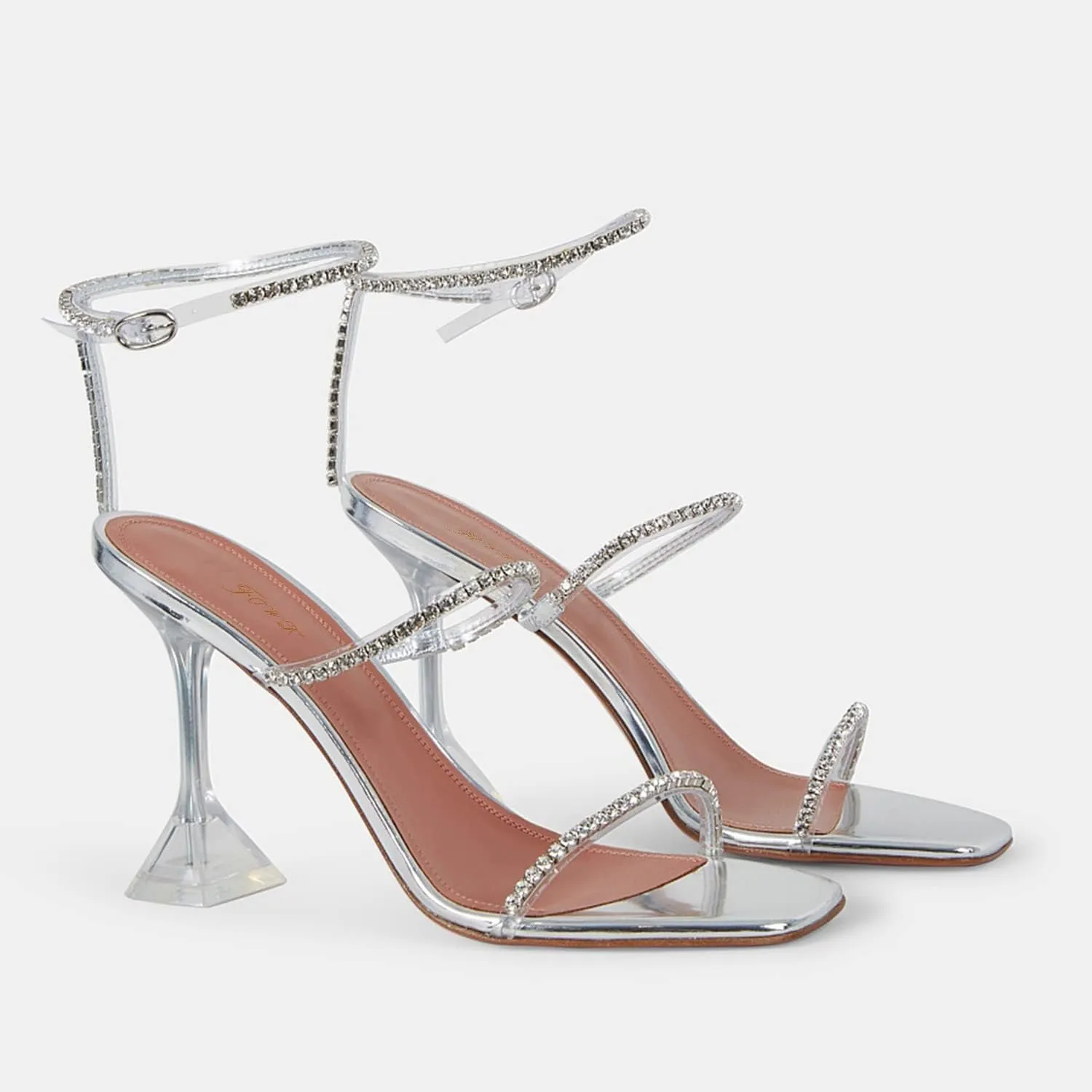 FOWT Fashion Leather Classic Square Toe Crystal Ankle Strap Flared High Heels Elegant Narrow Band Heeled Sandals Adorable 4 inches Red Pumps for Woman Dress Office Shoes, US Size 5-10 M