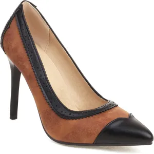 FOWT Novelty Bi-Material Patchwork Cap Toe Stilettos Sexy Pointed Toe Two Tone Slip on Perforated Super High Heels Vintage Wingtips Decor Dressy Party Black Pumps Shoes, US Size 4-15 M