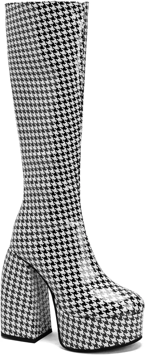 FOWT Spring Chic Embossed Knee High Boots Sexy Platform Round Closed Toe Block High Heel Long Boots Comfort Side Zipper Shoes for Ladies US Size 4-15 M