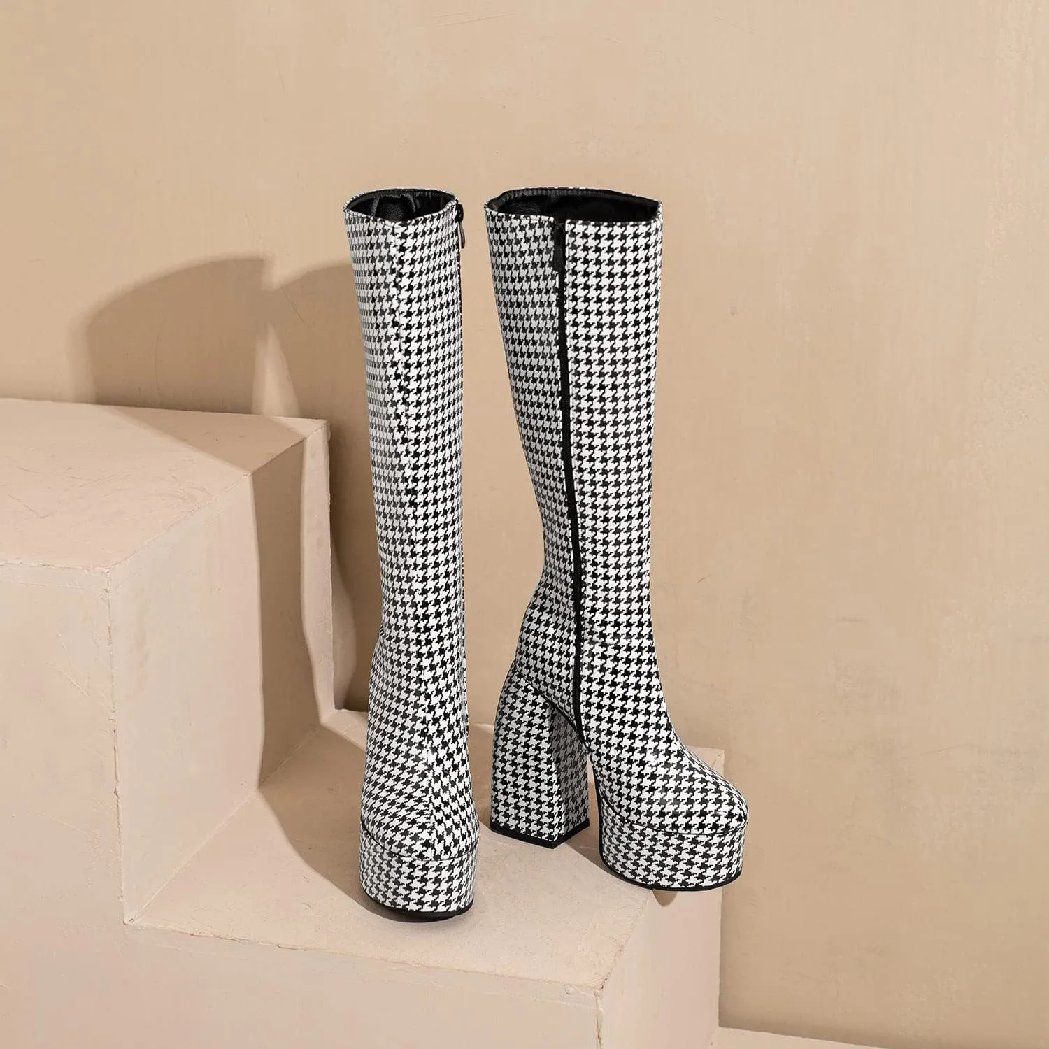 FOWT Spring Chic Embossed Knee High Boots Sexy Platform Round Closed Toe Block High Heel Long Boots Comfort Side Zipper Shoes for Ladies US Size 4-15 M