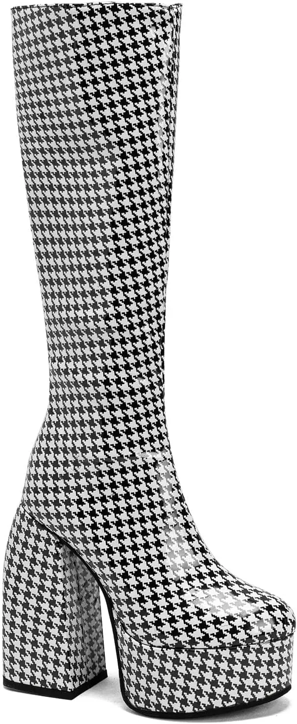 FOWT Spring Chic Embossed Knee High Boots Sexy Platform Round Closed Toe Block High Heel Long Boots Comfort Side Zipper Shoes for Ladies US Size 4-15 M