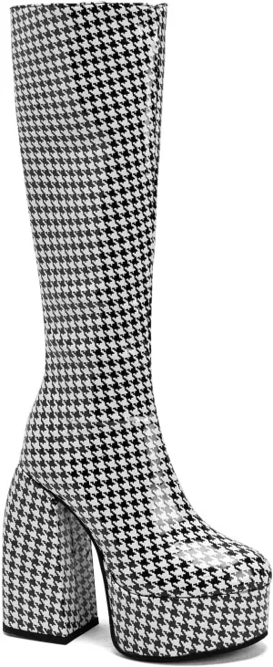 FOWT Spring Chic Embossed Knee High Boots Sexy Platform Round Closed Toe Block High Heel Long Boots Comfort Side Zipper Shoes for Ladies US Size 4-15 M