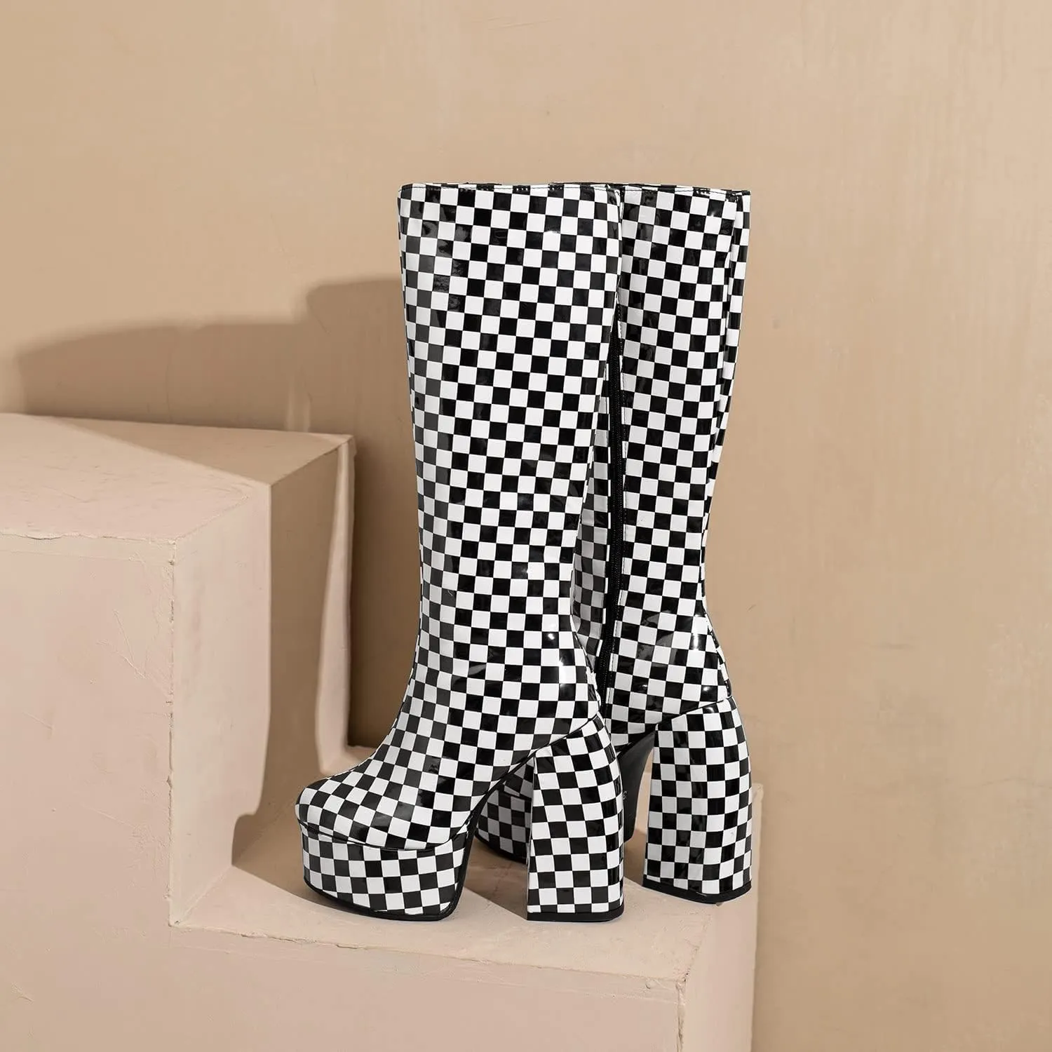 FOWT Spring Chic Embossed Knee High Boots Sexy Platform Round Closed Toe Block High Heel Long Boots Comfort Side Zipper Shoes for Ladies US Size 4-15 M