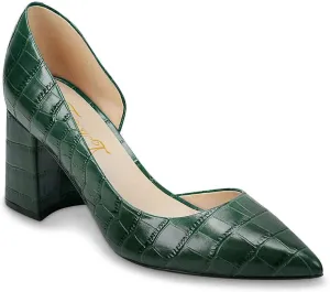 FOWT Spring Crocodile Embossed Leather Half D'Orsay Block High Heel Green Pumps for Women Elegant Pointed Toe 3 Inches Fashion Casual Daily Dressy Shoes, US Size 4-16 M