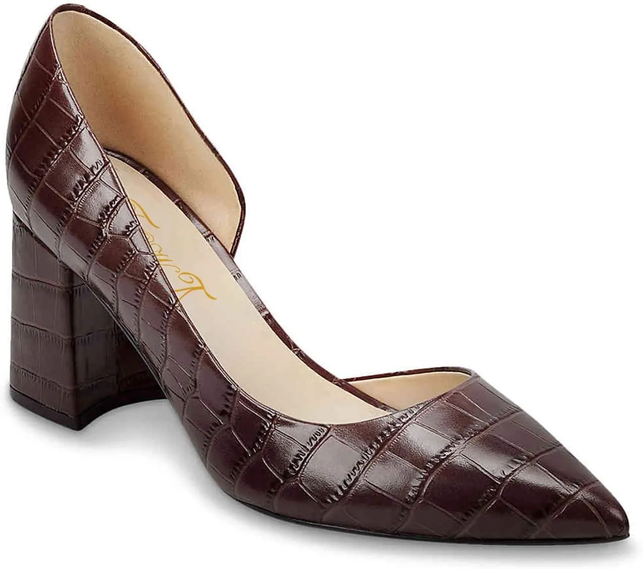 FOWT Spring Crocodile Embossed Leather Half D'Orsay Block High Heel Green Pumps for Women Elegant Pointed Toe 3 Inches Fashion Casual Daily Dressy Shoes, US Size 4-16 M