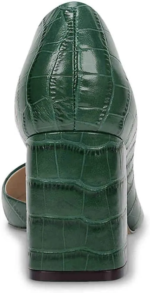 FOWT Spring Crocodile Embossed Leather Half D'Orsay Block High Heel Green Pumps for Women Elegant Pointed Toe 3 Inches Fashion Casual Daily Dressy Shoes, US Size 4-16 M