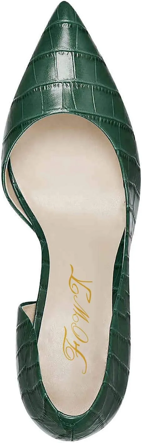 FOWT Spring Crocodile Embossed Leather Half D'Orsay Block High Heel Green Pumps for Women Elegant Pointed Toe 3 Inches Fashion Casual Daily Dressy Shoes, US Size 4-16 M