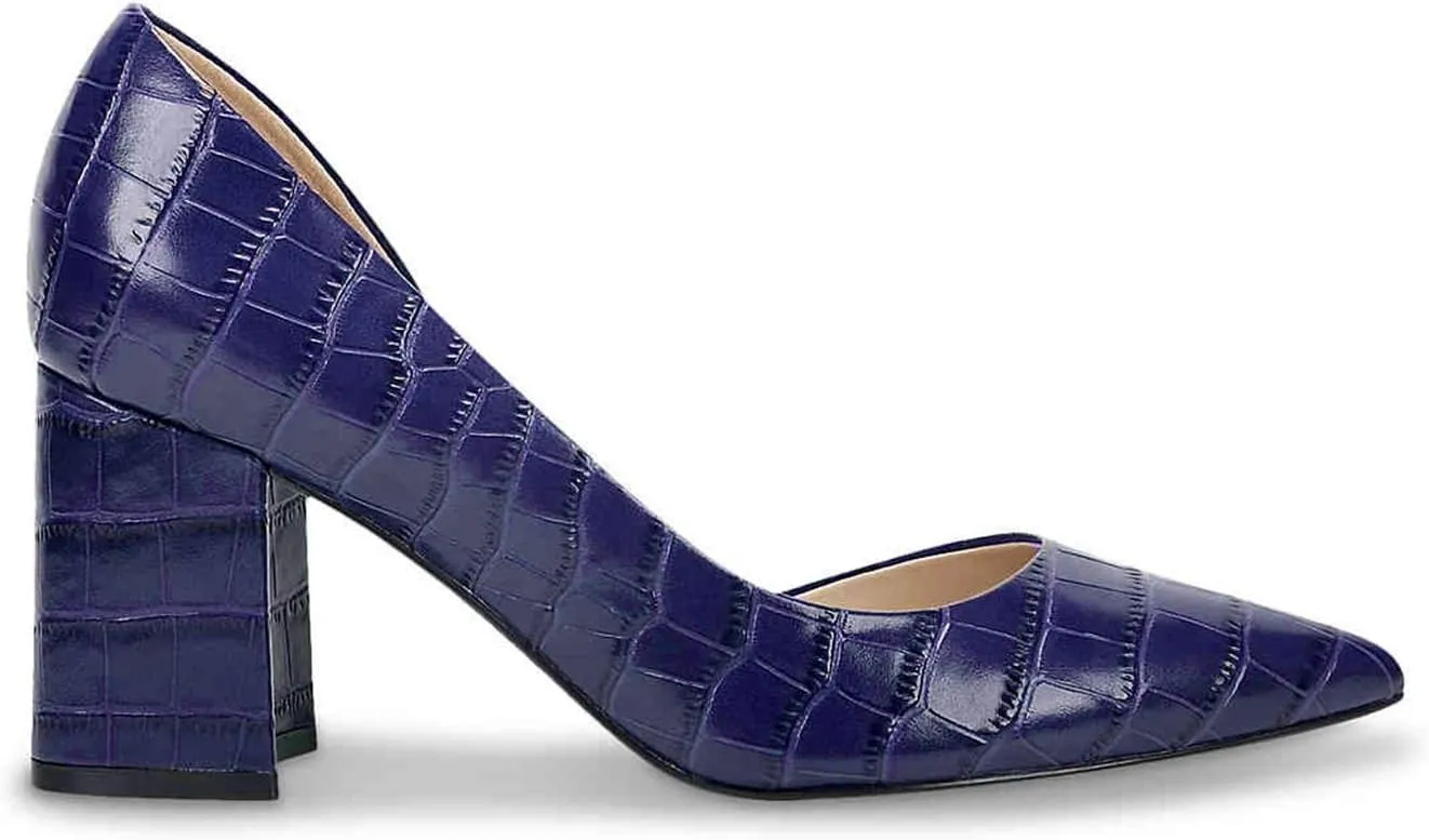 FOWT Spring Crocodile Embossed Leather Half D'Orsay Block High Heel Green Pumps for Women Elegant Pointed Toe 3 Inches Fashion Casual Daily Dressy Shoes, US Size 4-16 M