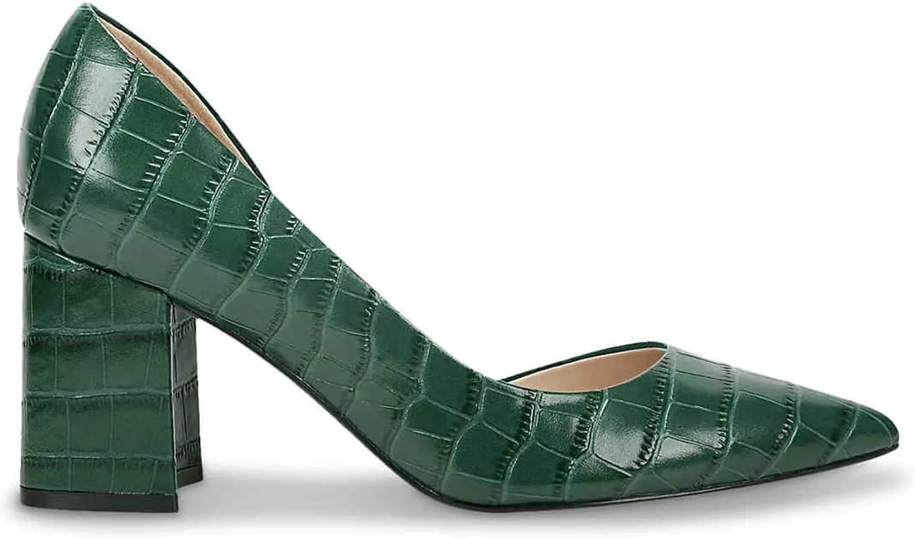 FOWT Spring Crocodile Embossed Leather Half D'Orsay Block High Heel Green Pumps for Women Elegant Pointed Toe 3 Inches Fashion Casual Daily Dressy Shoes, US Size 4-16 M