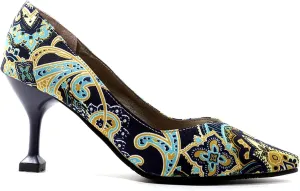 FOWT Women Flared Thin Heels Floral Print Orange Pumps Sexy Stiletto 3IN Heels Pointed Toe Dress Shoes Multicolored Slip On Summer Leisure Travel Pumps for Women, US Size 4-15 M