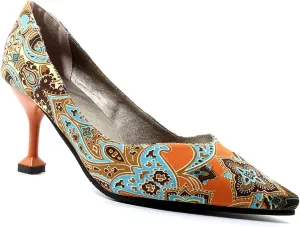 FOWT Women Flared Thin Heels Floral Print Orange Pumps Sexy Stiletto 3IN Heels Pointed Toe Dress Shoes Multicolored Slip On Summer Leisure Travel Pumps for Women, US Size 4-15 M