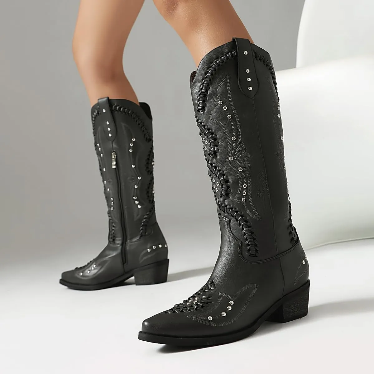 Fringe Cowboy Boots for Women Wide Calf Embroidered Tassal Cowgirl Boot Knee High Snip Toe Pull On Western Shoes