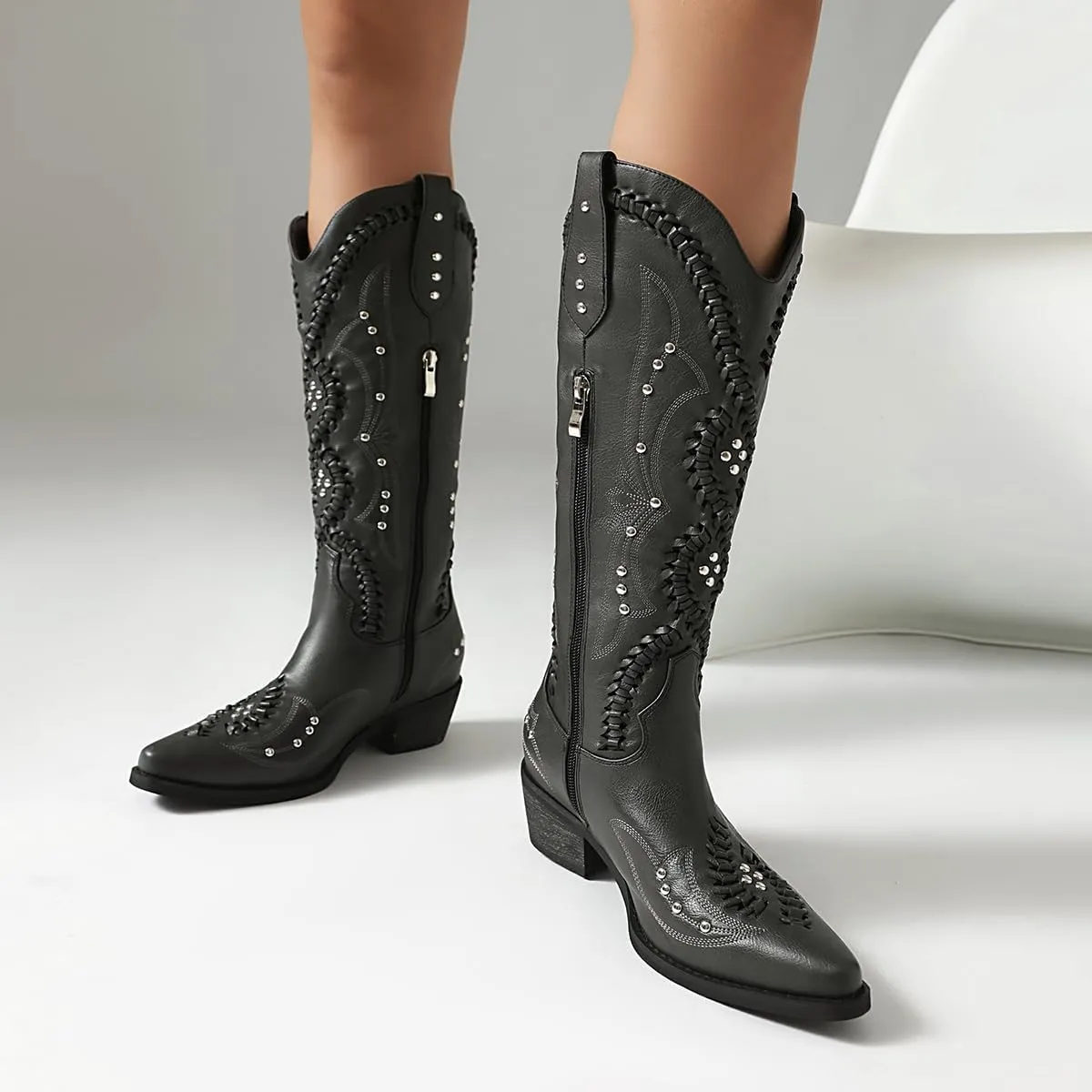 Fringe Cowboy Boots for Women Wide Calf Embroidered Tassal Cowgirl Boot Knee High Snip Toe Pull On Western Shoes