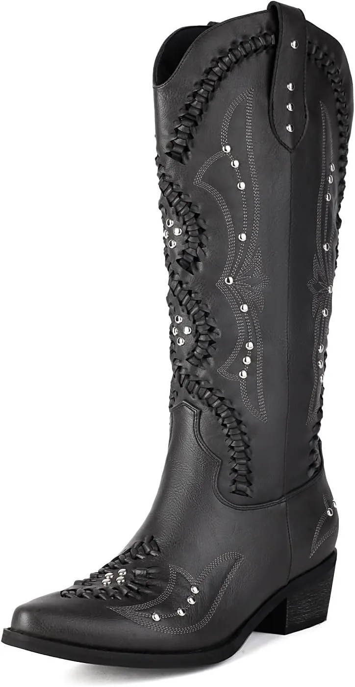 Fringe Cowboy Boots for Women Wide Calf Embroidered Tassal Cowgirl Boot Knee High Snip Toe Pull On Western Shoes
