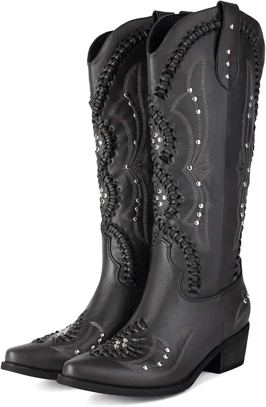 Fringe Cowboy Boots for Women Wide Calf Embroidered Tassal Cowgirl Boot Knee High Snip Toe Pull On Western Shoes