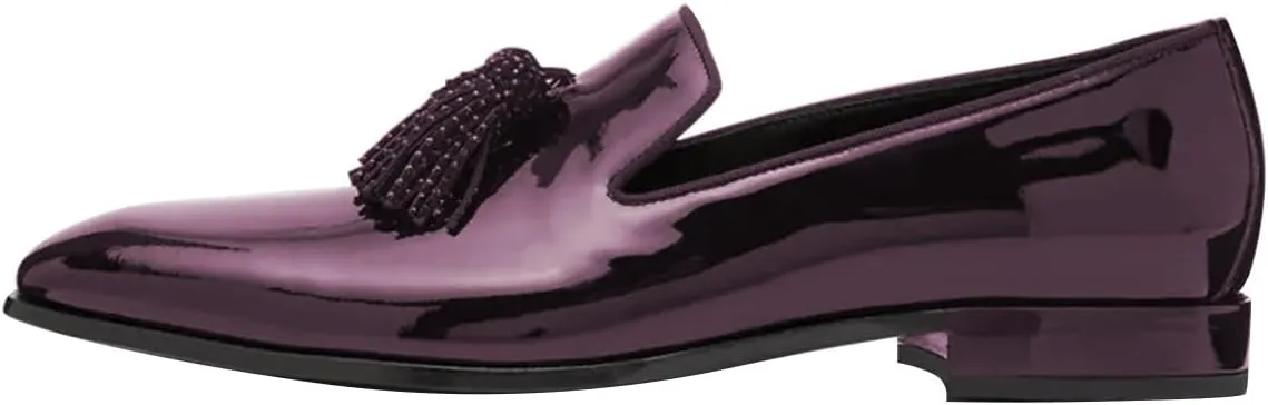 FSJ Men's Tassel Slip-on Loafers Square Toe Patent Leather & Velvet Formal Tuxedo Suit Flats Business Casual Dress Shoes Size 4-16 US