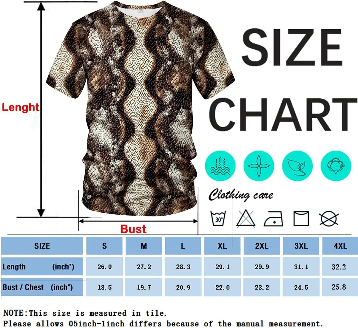 Funny Snake Scales Graphic T-Shirt Novelty Short Sleeve Crewneck Shirt