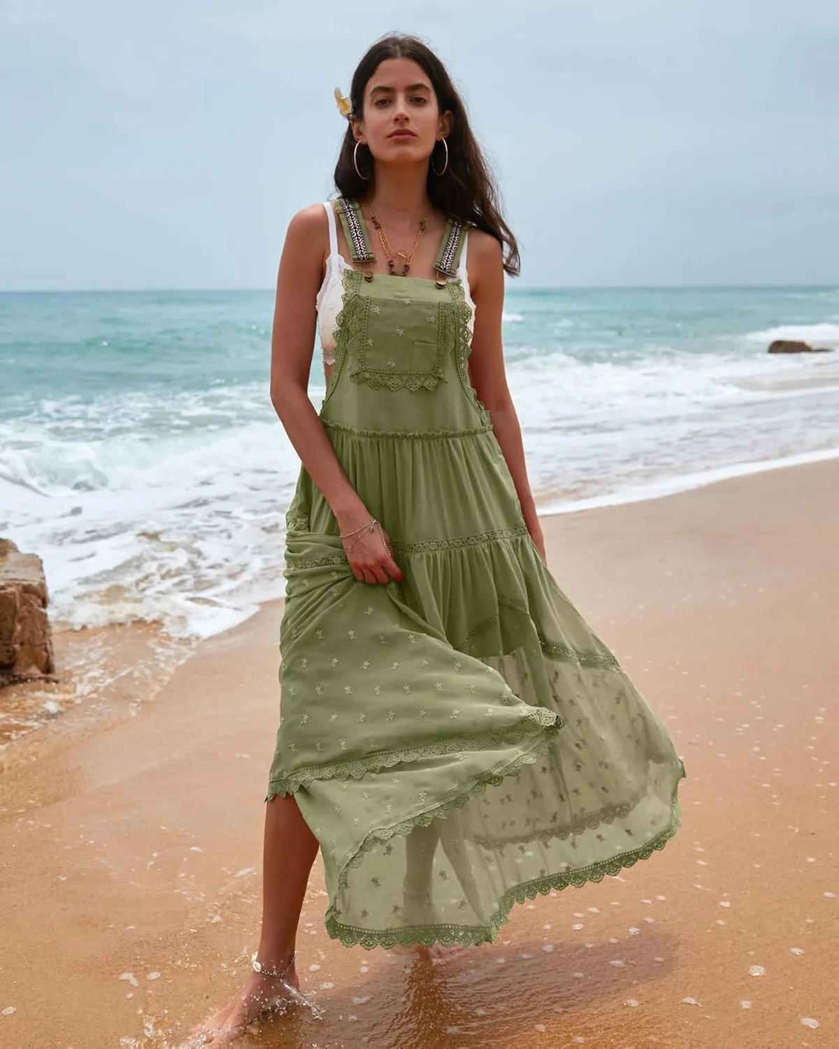 Gacaky Summer Dress for Women Casual Floral Embroidered Bohemian Dress Adjustable Straps Bib Maxi Flowy Dress with Pockets